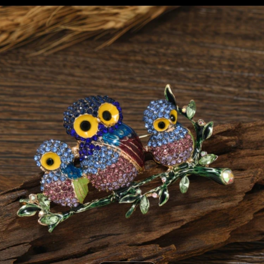 🆕️🦉 MAMA OWL & BABIES RHINESTONE & ENAMEL BROOCH🦉
